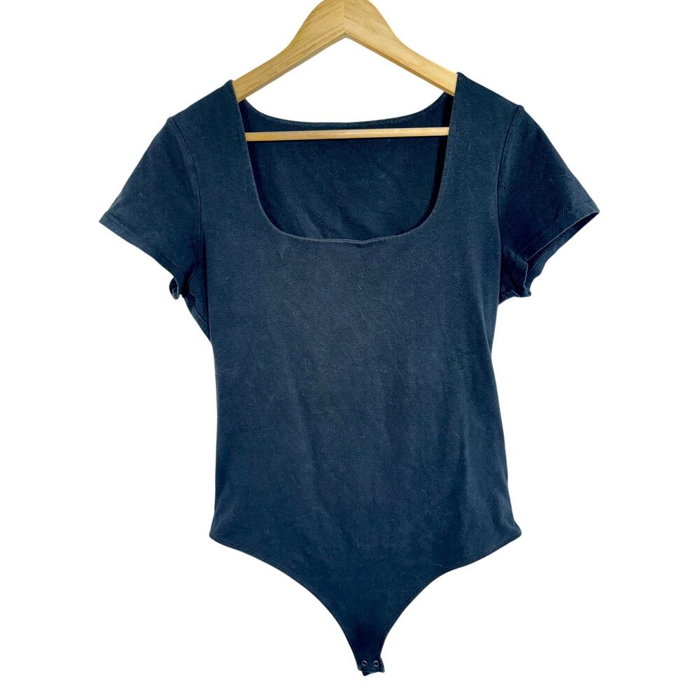 Abercrombie & Fitch Black Cotton Square Neck Short Sleeve Bodysuit Top Womens XL
